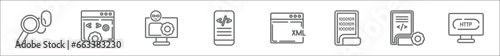 outline set of programming line icons. linear vector icons such as hyperlink, web optimization, engineering, mobile development, xml, binary file, article, http