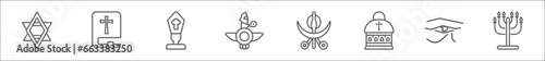 outline set of religion line icons. linear vector icons such as judaism, gospel, pope, faravahar, sikhism, vatican, eye of ra, menorah