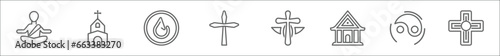 outline set of religion line icons. linear vector icons such as monk, monastery, asceticism, catholicism, heresy, wat maha that, taoism, greek cross
