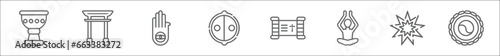 outline set of religion line icons. linear vector icons such as holy chalice, shinto, jainism, animism, holy scriptures, spiritual, bahai, zen