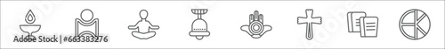 outline set of religion line icons. linear vector icons such as unitarian universalism, humanism, lotus position, standing bell, semitic neopaganism, induence, commandments, eckankar