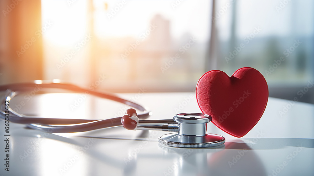 stethoscope and heart model in a medical hospital. stethoscope and heart model in a medical hospital.