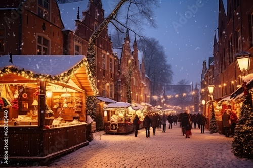 Christmas market in old town square at snowy evening. People walking the street.
