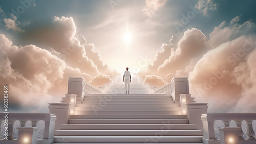 man climbs the heavenly ladder to paradise.