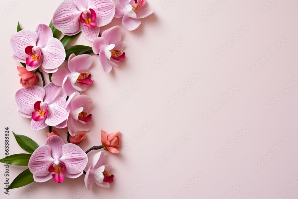 Fototapeta premium Orchid charm Pastel pink background for text with corner florals