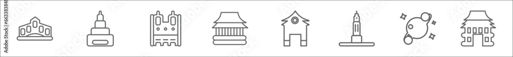 outline set of buildings line icons. linear vector icons such as rialto bridge, buddist cemetery, notre dame, chinese temple, pagoda, state building, space, buddhist temple - obrazy, fototapety, plakaty 