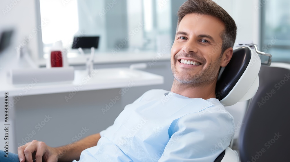Perfect smile. Portrait of happy patient in dental chair. Man with a white smile - obrazy, fototapety, plakaty 