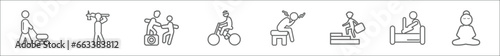 outline set of behavior line icons. linear vector icons such as cutting lawn, man digging, helping a man to climb, man riding bicylce, sitting with headache, climbing, laptop chatting on bed, yoga
