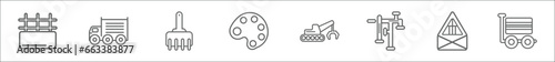 outline set of construction line icons. linear vector icons such as concrete, truck with freight, sand brush, pallete, derrick with tong, adjusment system, joist, trolley truck