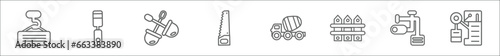 outline set of construction line icons. linear vector icons such as derrick with load, chisel, two shovels, wood saw, cement truck, garden fence, adjustment system, big derrick with boxes