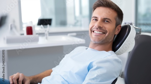 Perfect smile. Portrait of happy patient in dental chair. Man with a white smile photo