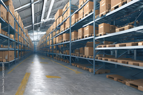 Endless Long Corridor of Warehouse shelves with boxes and pallets with products and manufactured goods Industrial Corporate Business Theme 3D render style