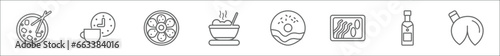 outline set of food line icons. linear vector icons such as mapo tofu, tea time, king cake, dandan noodles, donuts, wonton noodles, champagne bottle, fortune cookie photo