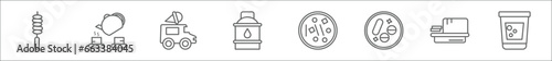 outline set of food line icons. linear vector icons such as brochette, tea ceremony, ice cream truck, water container, winter melon soup, vitamins, butter, water glass