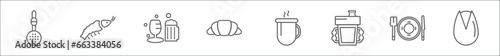 outline set of food line icons. linear vector icons such as slotted spoon, shrimps, alcoholic drinks, croissant, hot coffee cup, sippy cup, plate and utensils, pistachio