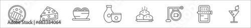 outline set of food line icons. linear vector icons such as guotie, cheese wedge, chow mein, sake, wonton, cafe bar, sardines, cocktail on a glass