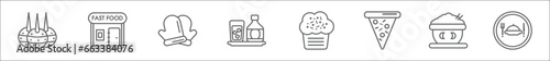 outline set of food line icons. linear vector icons such as french, bistro, cooking mitts, scotch, muffin bake, triangular pizza slice, chinese food, foods