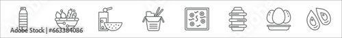 outline set of food line icons. linear vector icons such as plastic water bottle, healthy food, slice of melon and juice, chinese food box, shuizhu, tiffin, eggs sillhouettes, mussel
