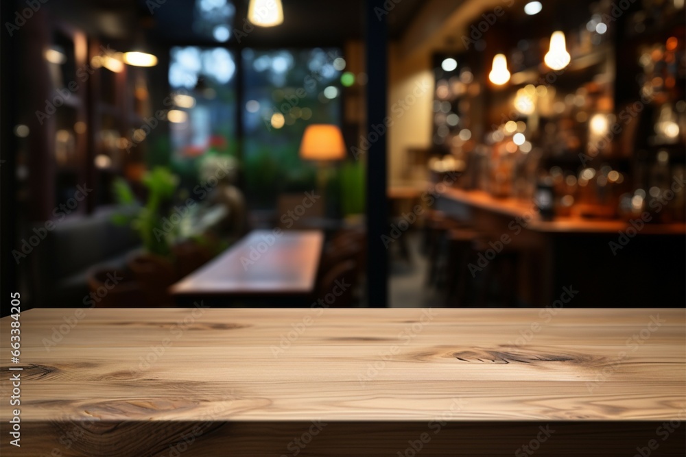Product display space empty wooden table in a cozy coffee shop