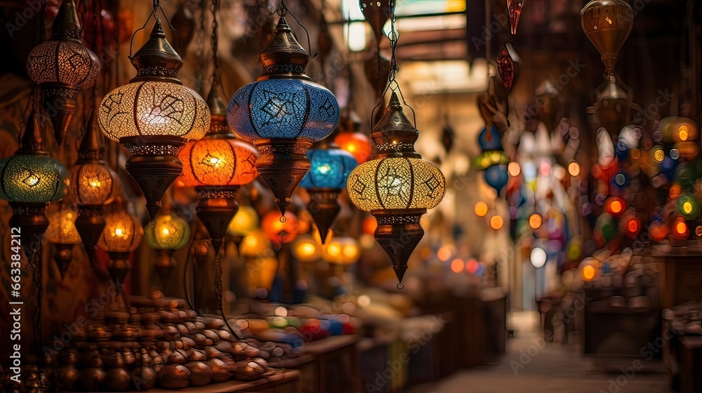 Obraz premium Shop of oriental Turkish lanterns. Generation AI