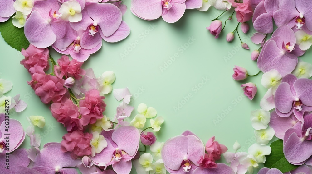  pink and white orchids on a green background with space for text.  generative ai