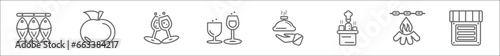 outline set of food line icons. linear vector icons such as dried fish, with leaf, glasses of wine, stemware, hotel service, chef cooking on stove, night camping, mayonnaise
