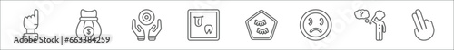 outline set of gestures line icons. linear vector icons such as finger up, money bag of dollars, holding hands, body parts, eyelashes, sad face, dubious, drag right