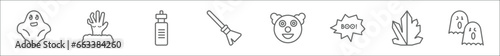 outline set of halloween line icons. linear vector icons such as halloween ghost, zombie hand, flask bottle, magic broom, clown smile, boo, crystals, ghosts