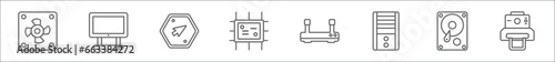 outline set of hardware line icons. linear vector icons such as computer fan, laptop screen, mouse pointer, big processor, modem with two antenna, system unit, harddrive, camera