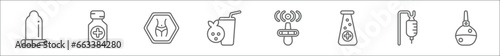 outline set of health and medical line icons. linear vector icons such as condom, syrup, body, juice, non ionizing radiation, medical substance, saline, enema