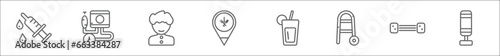 outline set of health line icons. linear vector icons such as injection, sphygmomanometer, boy, food, orange juice, medical walker, chest expander, punching bag