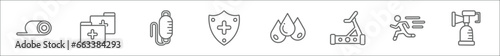 outline set of health and medical line icons. linear vector icons such as yoga mat, medical file, medical drip, shield, blood, treadmill, running, breast pump