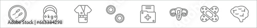 outline set of health and medical line icons. linear vector icons such as spermatozoon, kettlebell, patient robe, rings, medical result, gynecology, band aid, neurology