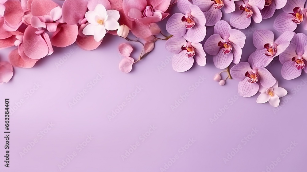  a bunch of pink and white flowers on a purple background.  generative ai