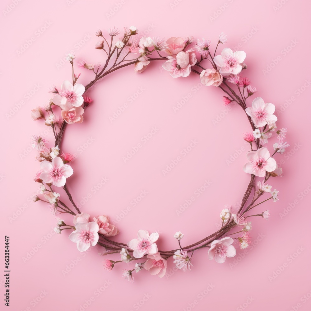 Round wreath of pink cherry flowers on pink background. Top view