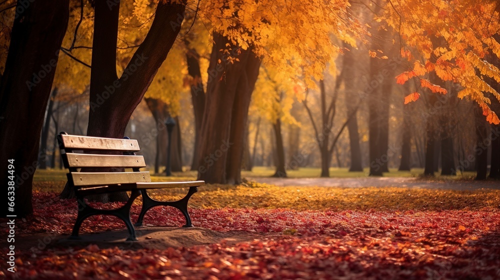 Autumn park, forged bench in the park under a tree, autumn landscape. Generation AI