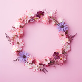 Round wreath of  flowers on pink background. Top view