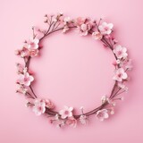 Round wreath of pink cherry flowers on pink background. Top view