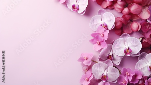  pink and white orchids on a pink background with space for text.  generative ai