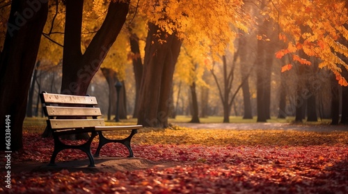 Autumn park, forged bench in the park under a tree, autumn landscape. Generation AI