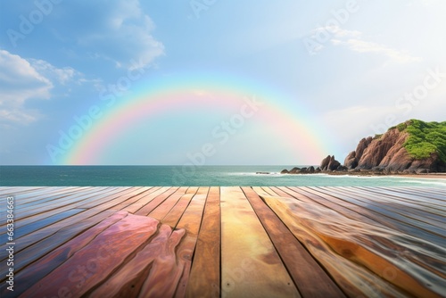 Rainbow arches over the sea, enhancing the wooden tabletops charm