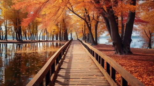 Autumn park, wooden pier near the shore. Generation AI