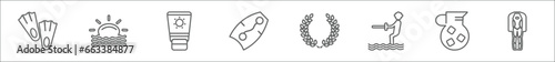 outline set of summer line icons. linear vector icons such as fins, sun at sea, sunscreen, bodyboard, wreath, waterski, sangria, wetsuit