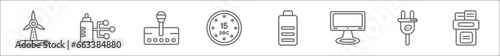 outline set of technology line icons. linear vector icons such as eolic, wired connection, transmission, digital number 15, baterry, big tv, ecologic electricity, file storage