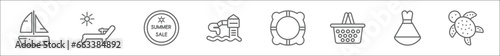 outline set of summer line icons. linear vector icons such as yatch boat, deck chairs and sun, summer sale, aqua park, rubber ring, pinic basket, dress, sea turtle