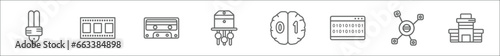 outline set of technology line icons. linear vector icons such as ecologic bulb, horizontal film strip, caste tape, transistor, binary mind, binary processed mobile analysis, interaction, touristic