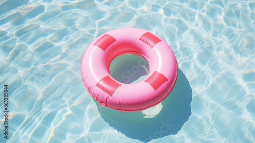 Pink lifebuoy on the water of the pool. View from above