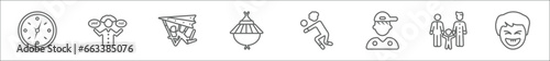 outline set of user line icons. linear vector icons such as round wall clock, feasibility, glide, kasa, volleyball player, game boy, gay family, laughing smile