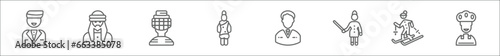 outline set of user line icons. linear vector icons such as groom avatar, arab man, catcher, thai, businessman briefcase, woman teaching, skier, baker