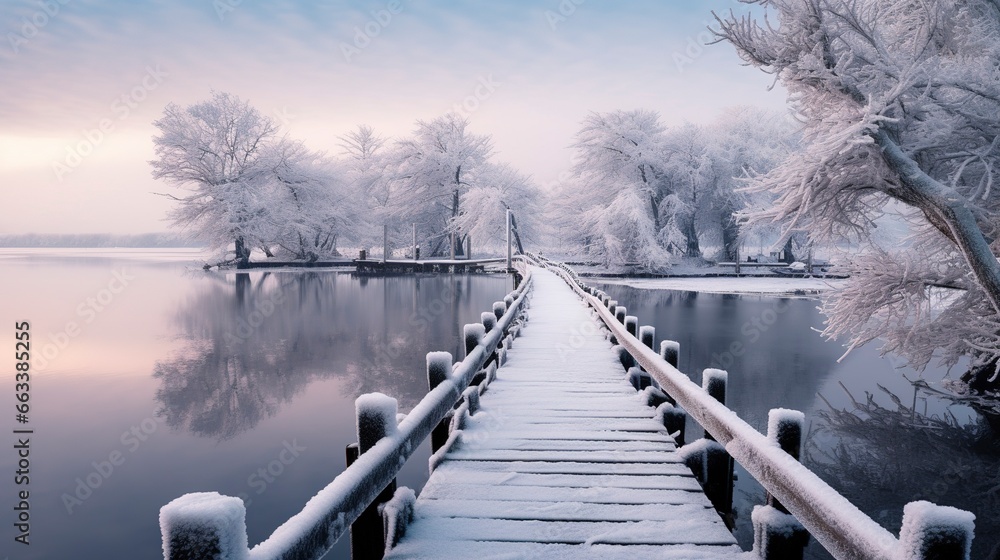 Naklejka premium Winter park, wooden frozen pier near the shore. Generation AI